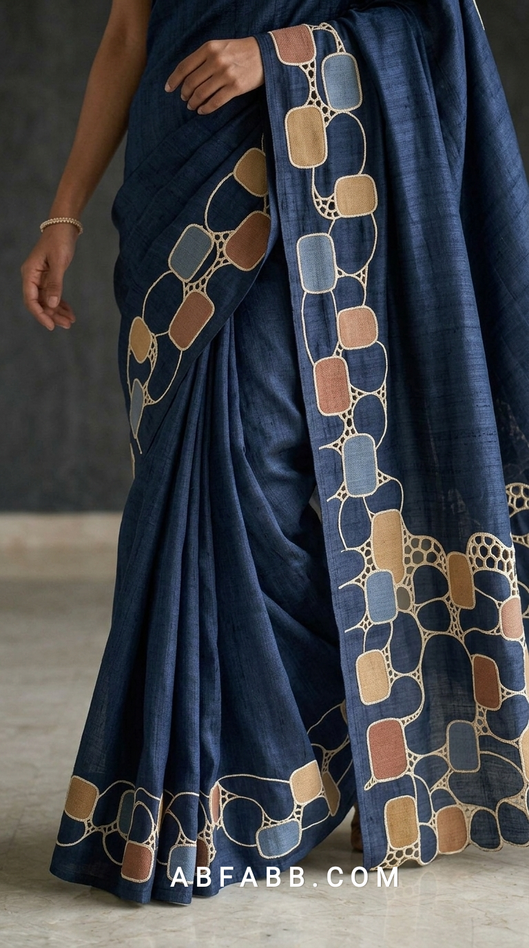 Pure Tussar Silk Saree in Rich Navy Blue with Multicolour Geometric Applique & Scalloped Cutwork