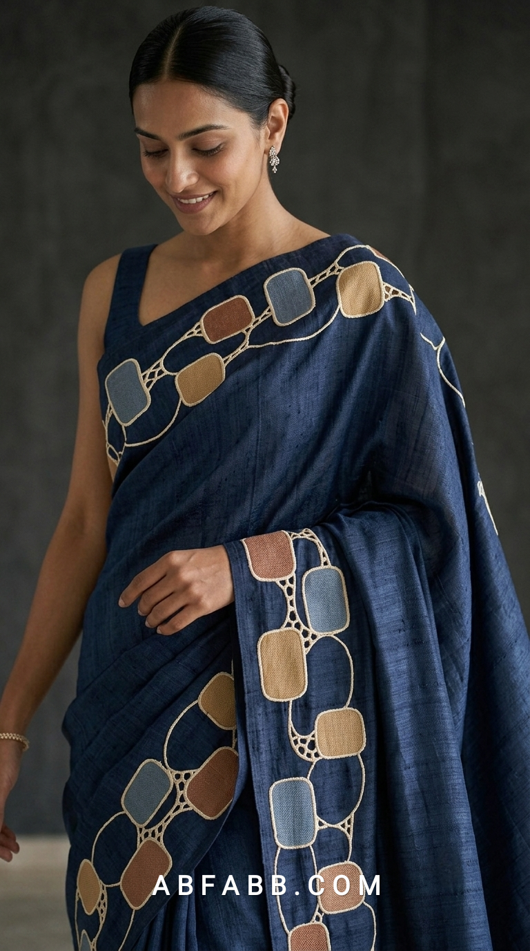 Pure Tussar Silk Saree in Rich Navy Blue with Multicolour Geometric Applique & Scalloped Cutwork