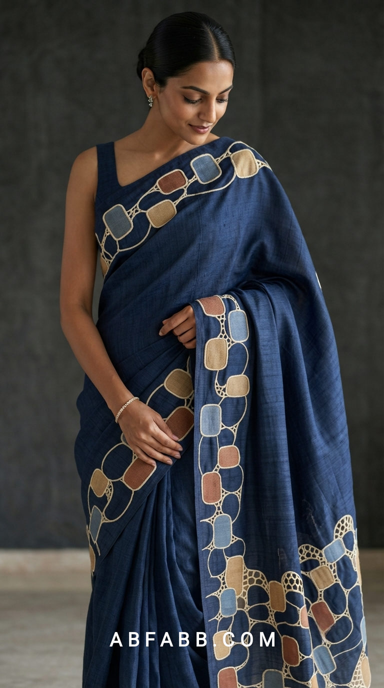 Pure Tussar Silk Saree in Rich Navy Blue with Multicolour Geometric Applique & Scalloped Cutwork