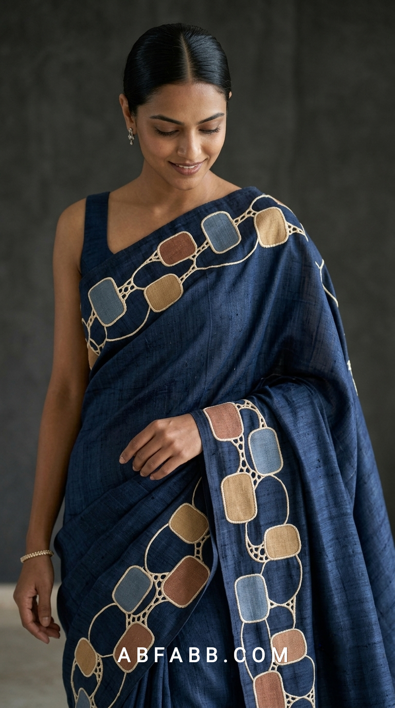 Pure Tussar Silk Saree in Rich Navy Blue with Multicolour Geometric Applique & Scalloped Cutwork