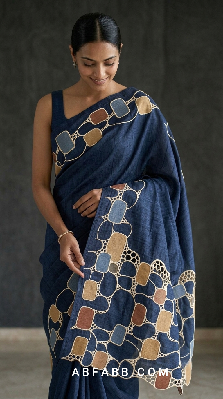 Pure Tussar Silk Saree in Rich Navy Blue with Multicolour Geometric Applique & Scalloped Cutwork