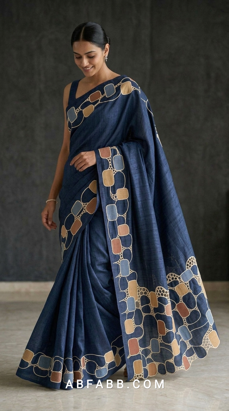Pure Tussar Silk Saree in Rich Navy Blue with Multicolour Geometric Applique & Scalloped Cutwork