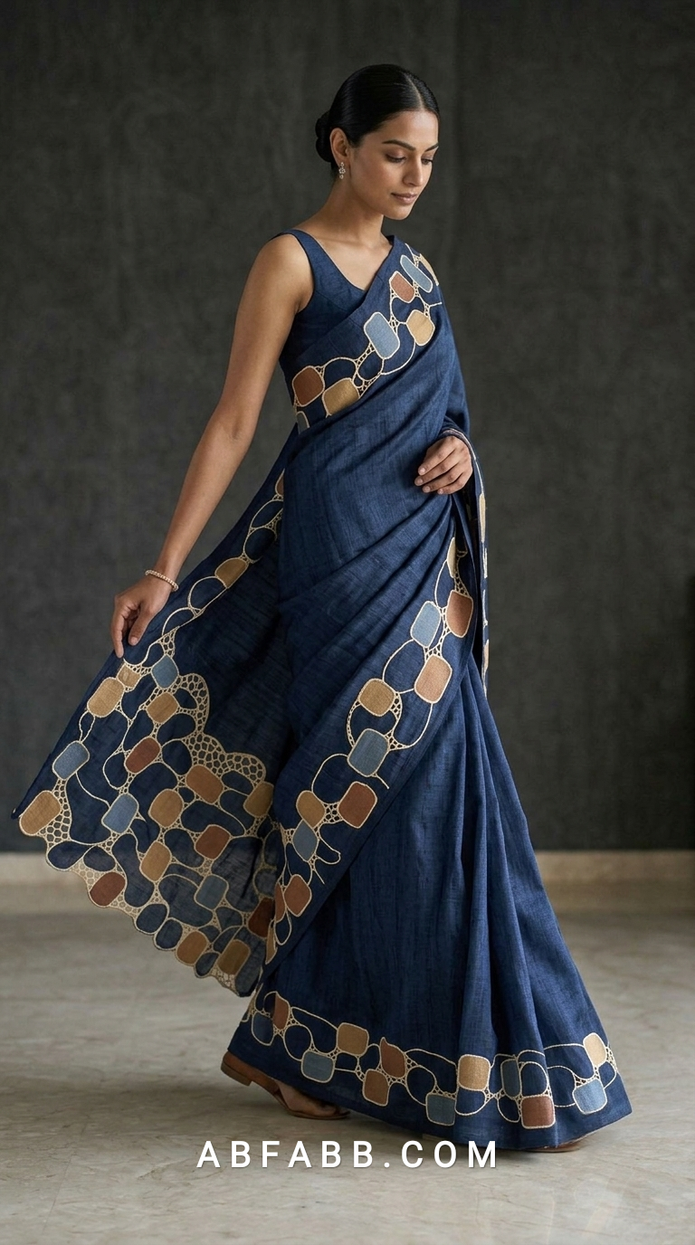 Pure Tussar Silk Saree in Rich Navy Blue with Multicolour Geometric Applique & Scalloped Cutwork