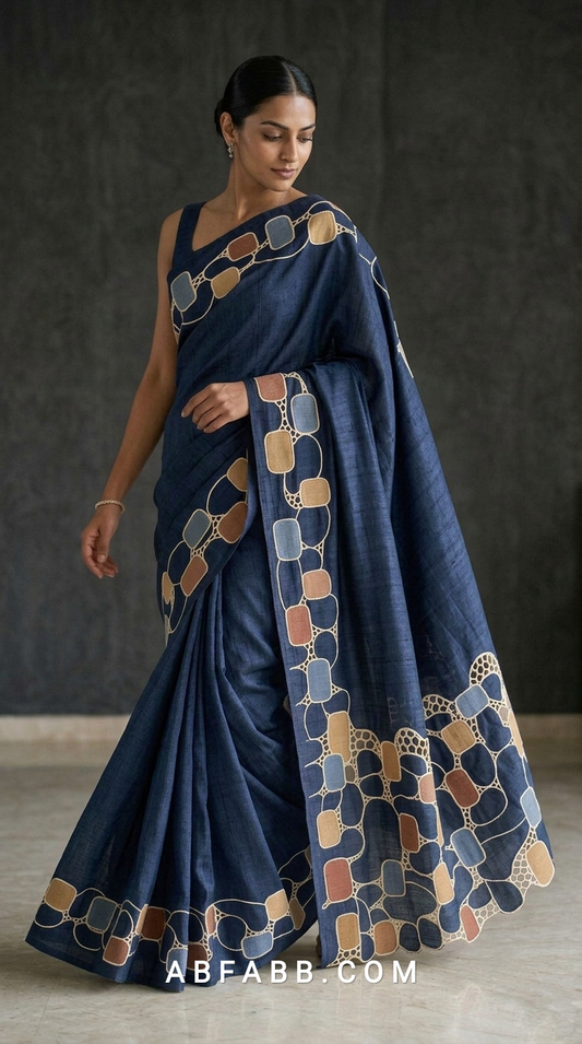 Pure Tussar Silk Saree in Rich Navy Blue with Multicolour Geometric Applique & Scalloped Cutwork