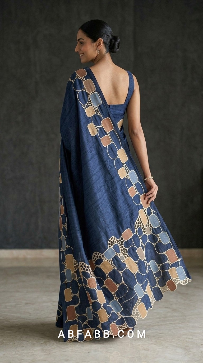Pure Tussar Silk Saree in Rich Navy Blue with Multicolour Geometric Applique & Scalloped Cutwork