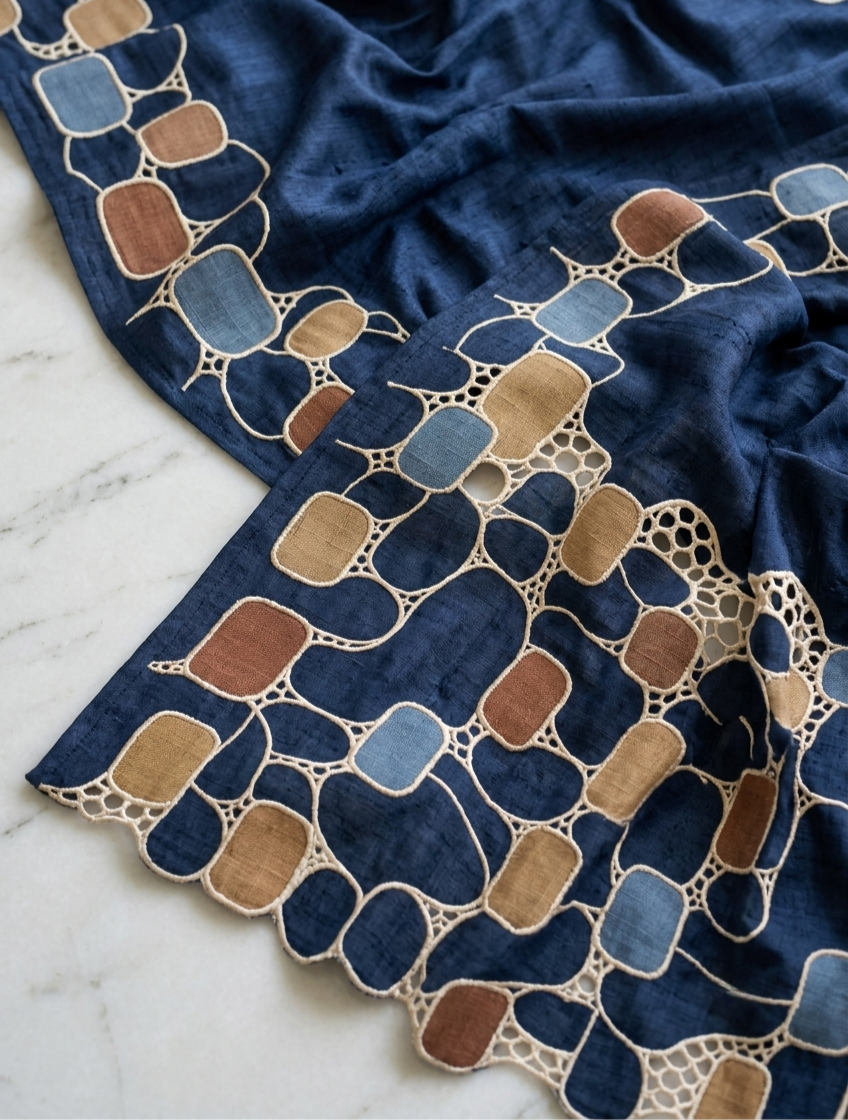 Pure Tussar Silk Saree in Rich Navy Blue with Multicolour Geometric Applique & Scalloped Cutwork