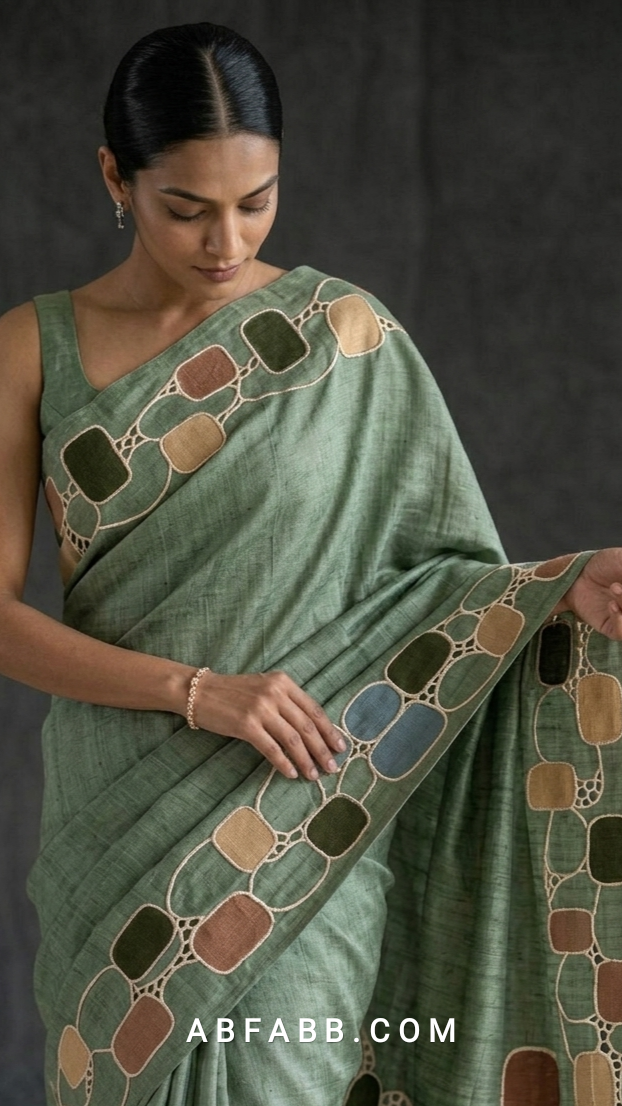 Pure Tussar Silk Saree in Sage Green with Multicolour Geometric Applique & Scalloped Cutwork