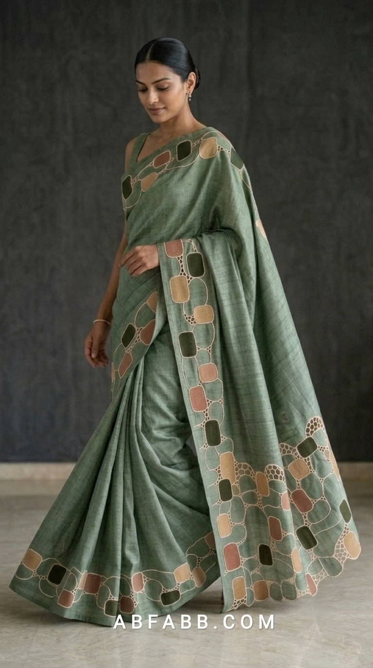 Pure Tussar Silk Saree in Sage Green with Multicolour Geometric Applique & Scalloped Cutwork