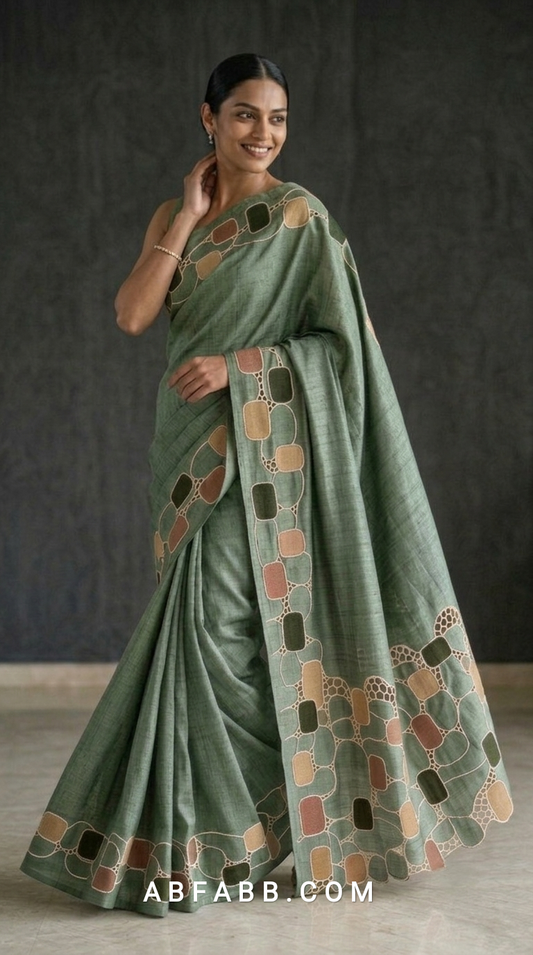 Pure Tussar Silk Saree in Sage Green with Multicolour Geometric Applique & Scalloped Cutwork