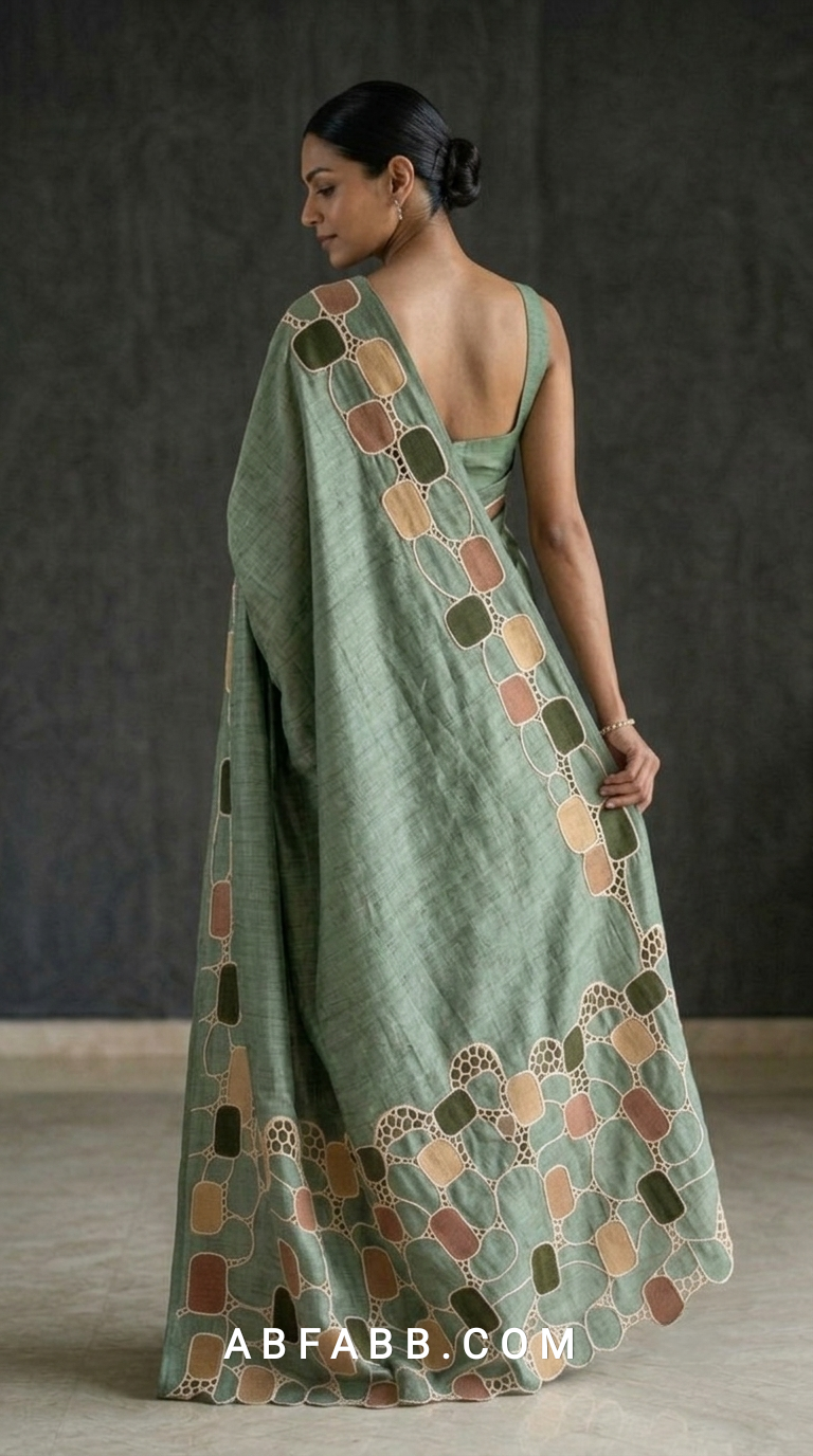 Pure Tussar Silk Saree in Sage Green with Multicolour Geometric Applique & Scalloped Cutwork
