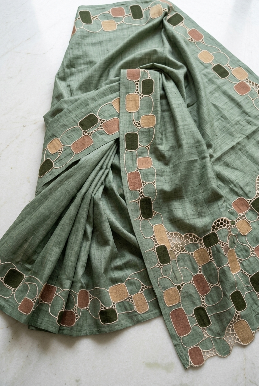 Pure Tussar Silk Saree in Sage Green with Multicolour Geometric Applique & Scalloped Cutwork