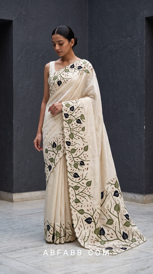 Pure Tussar Silk Saree in Ivory with Olive & Navy Leaf Applique and Scalloped Cutwork Border