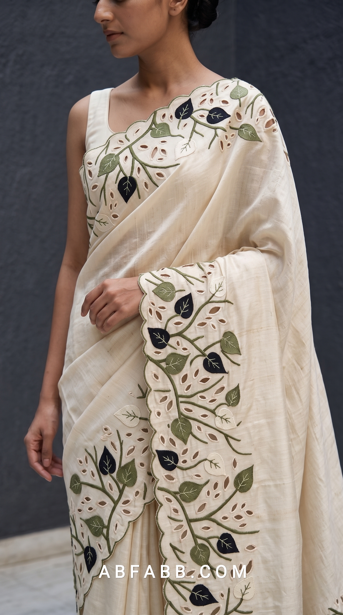 Pure Tussar Silk Saree in Ivory with Olive & Navy Leaf Applique and Scalloped Cutwork Border