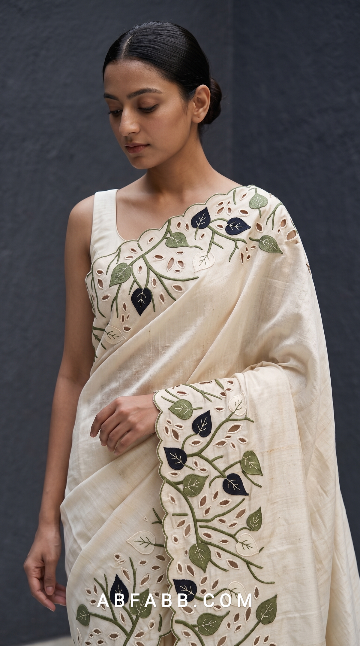 Pure Tussar Silk Saree in Ivory with Olive & Navy Leaf Applique and Scalloped Cutwork Border