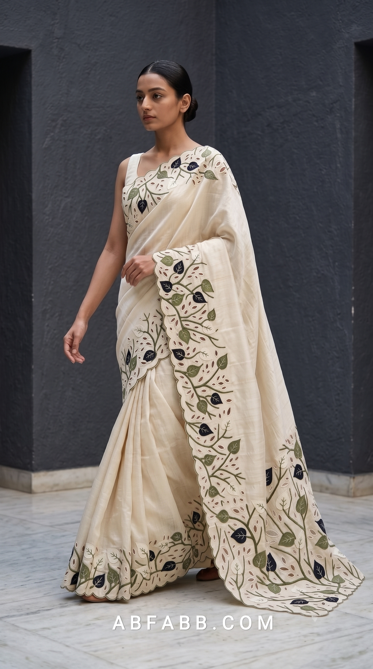 Pure Tussar Silk Saree in Ivory with Olive & Navy Leaf Applique and Scalloped Cutwork Border