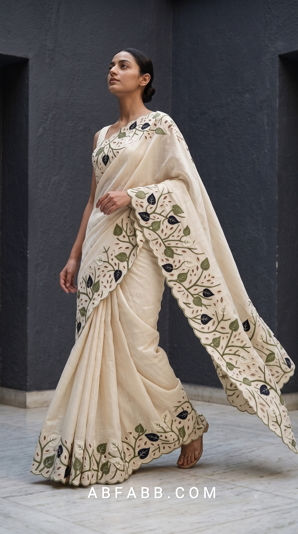 Pure Tussar Silk Saree in Ivory with Olive & Navy Leaf Applique and Scalloped Cutwork Border
