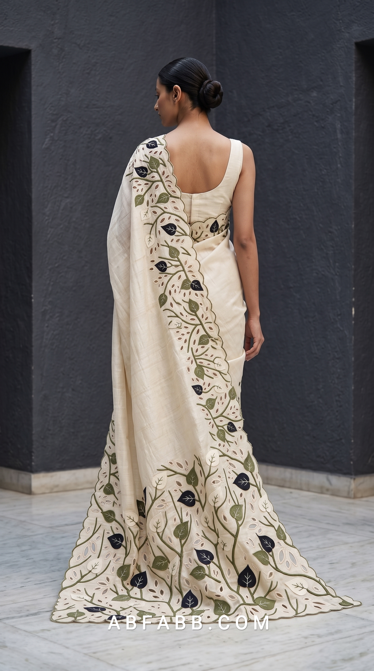 Pure Tussar Silk Saree in Ivory with Olive & Navy Leaf Applique and Scalloped Cutwork Border