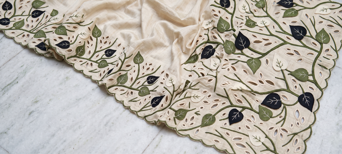 Pure Tussar Silk Saree in Ivory with Olive & Navy Leaf Applique and Scalloped Cutwork Border