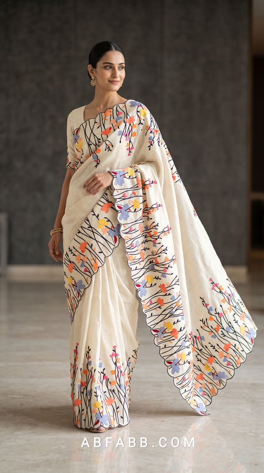 Pure Tussar Silk Saree in Off White with Multicolour Floral Applique & Black Thread Embroidery