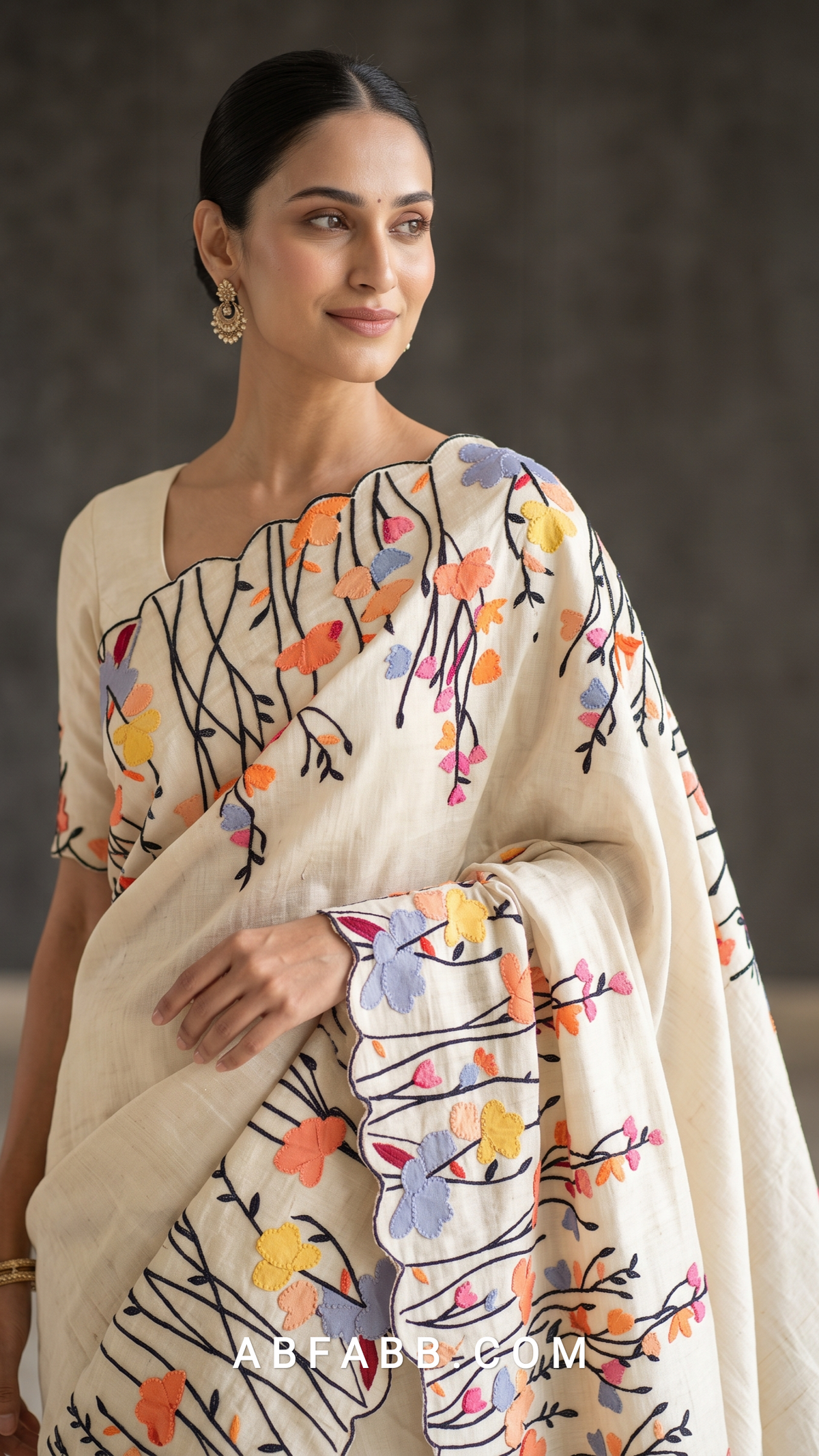 Pure Tussar Silk Saree in Off White with Multicolour Floral Applique & Black Thread Embroidery