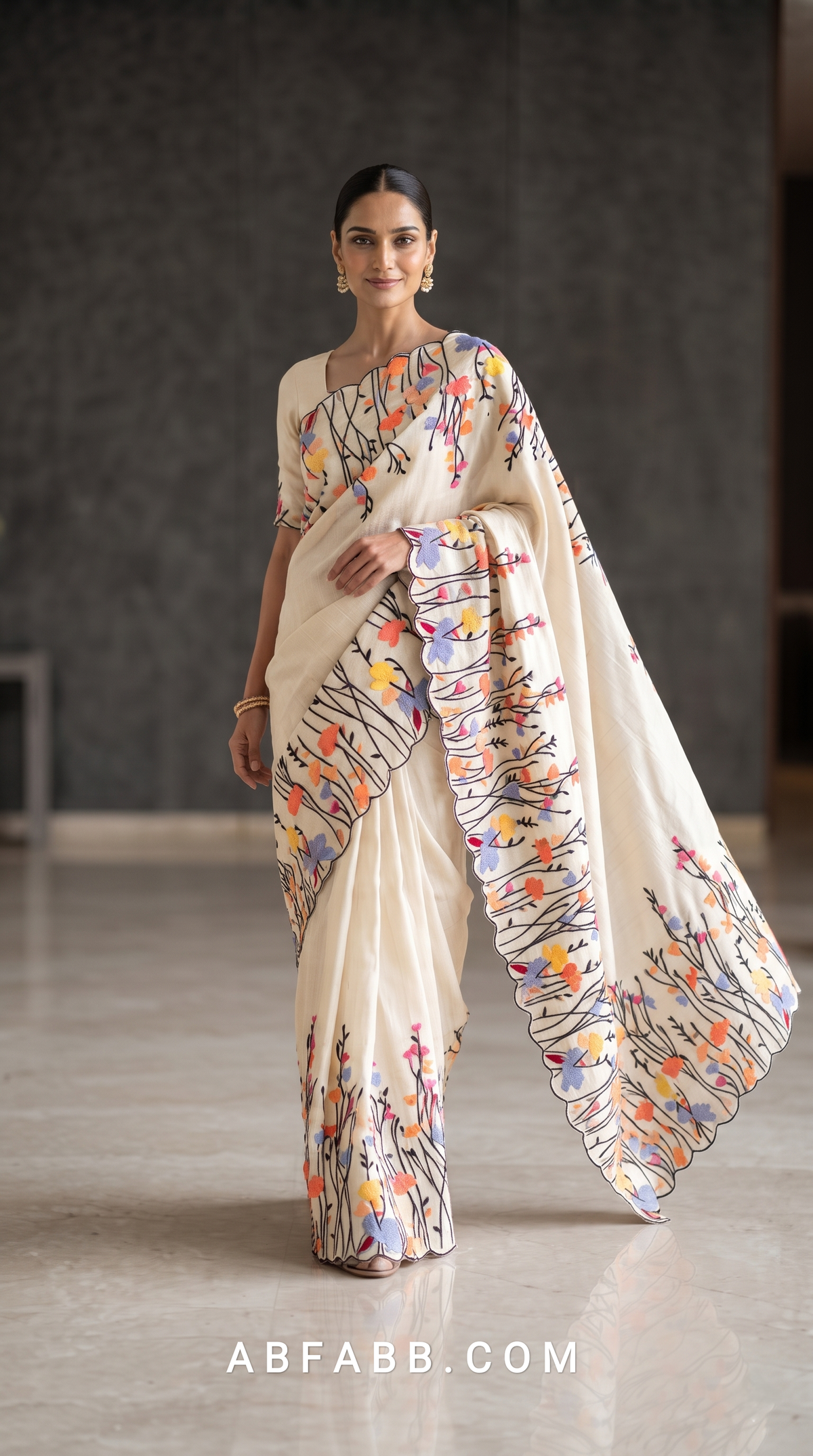Pure Tussar Silk Saree in Off White with Multicolour Floral Applique & Black Thread Embroidery