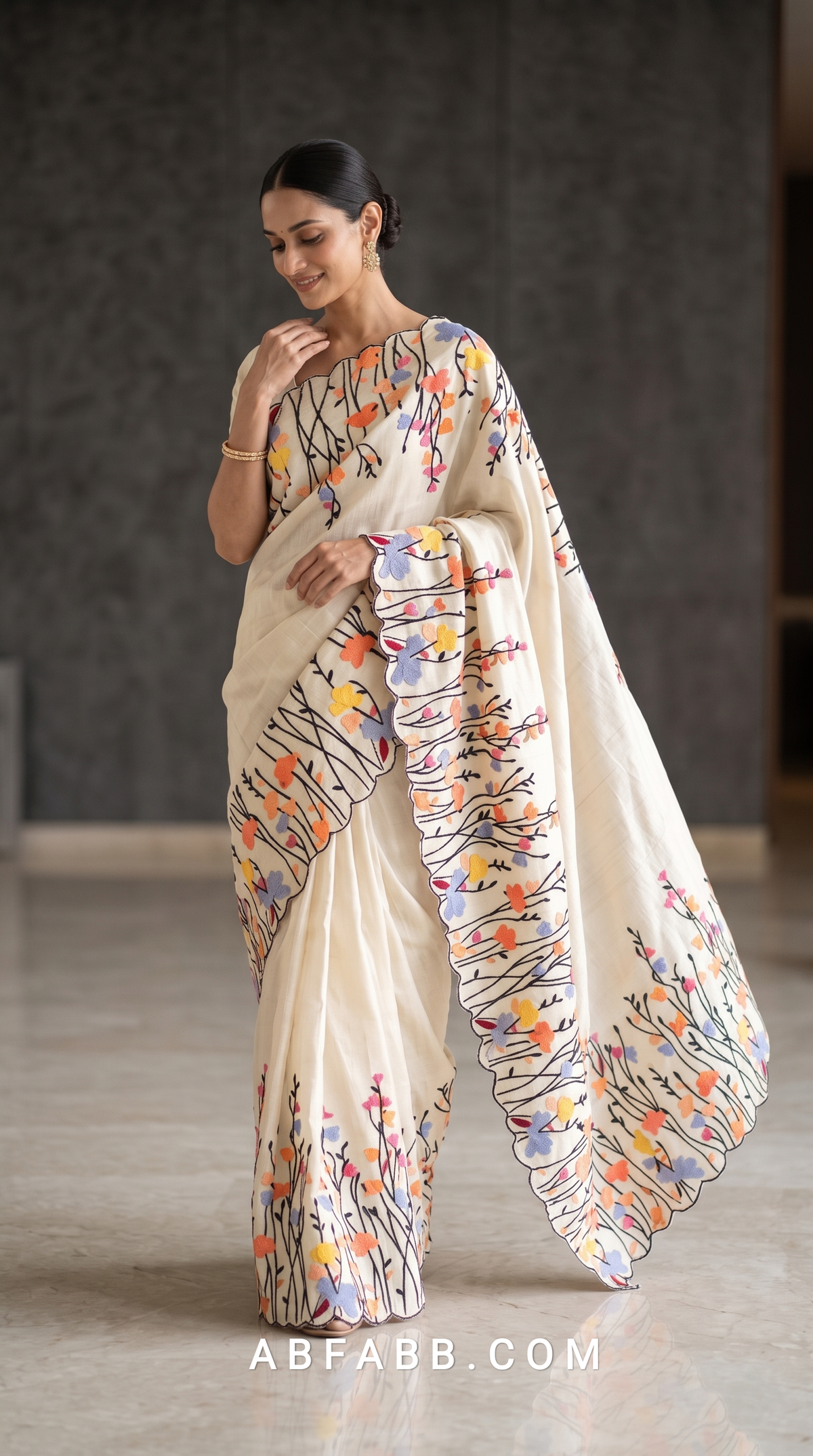 Pure Tussar Silk Saree in Off White with Multicolour Floral Applique & Black Thread Embroidery