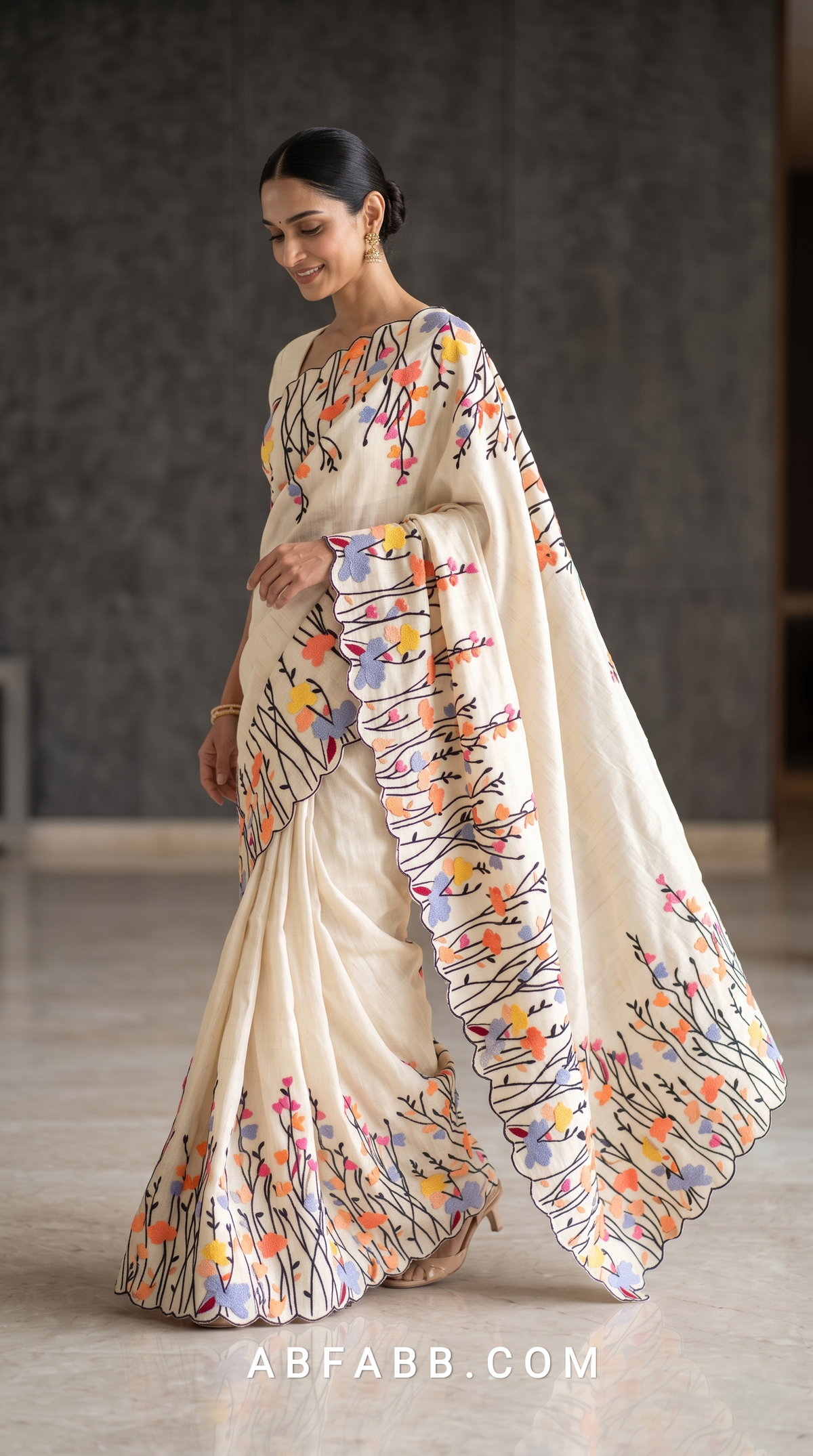 Pure Tussar Silk Saree in Off White with Multicolour Floral Applique & Black Thread Embroidery