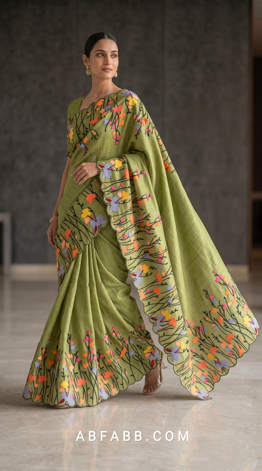 Pure Tussar Silk Saree in Olive Green with Multicolour Floral Applique & Black Thread Embroidery
