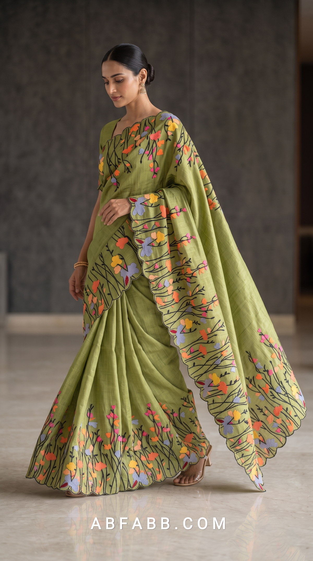 Pure Tussar Silk Saree in Olive Green with Multicolour Floral Applique & Black Thread Embroidery