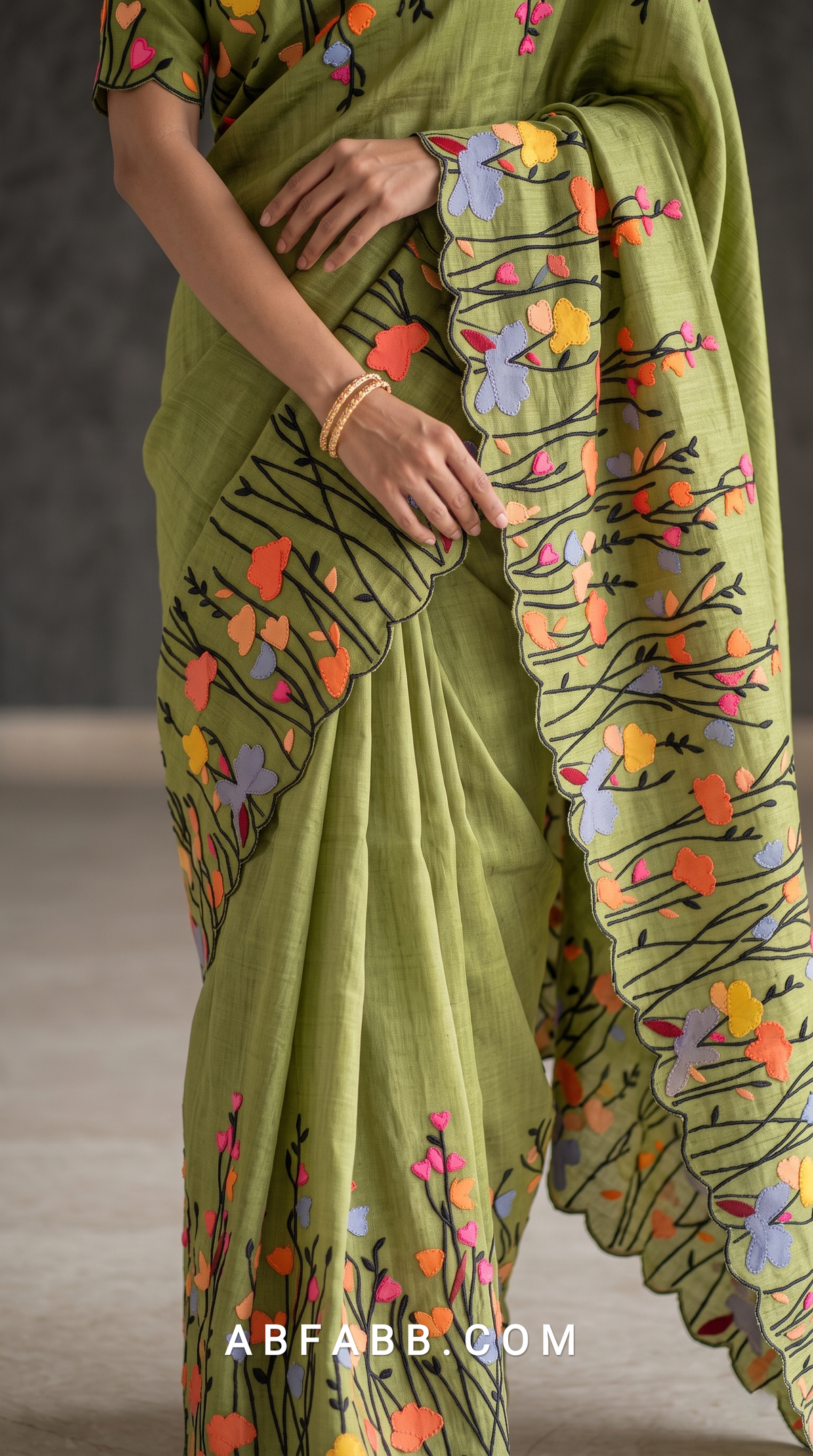 Pure Tussar Silk Saree in Olive Green with Multicolour Floral Applique & Black Thread Embroidery