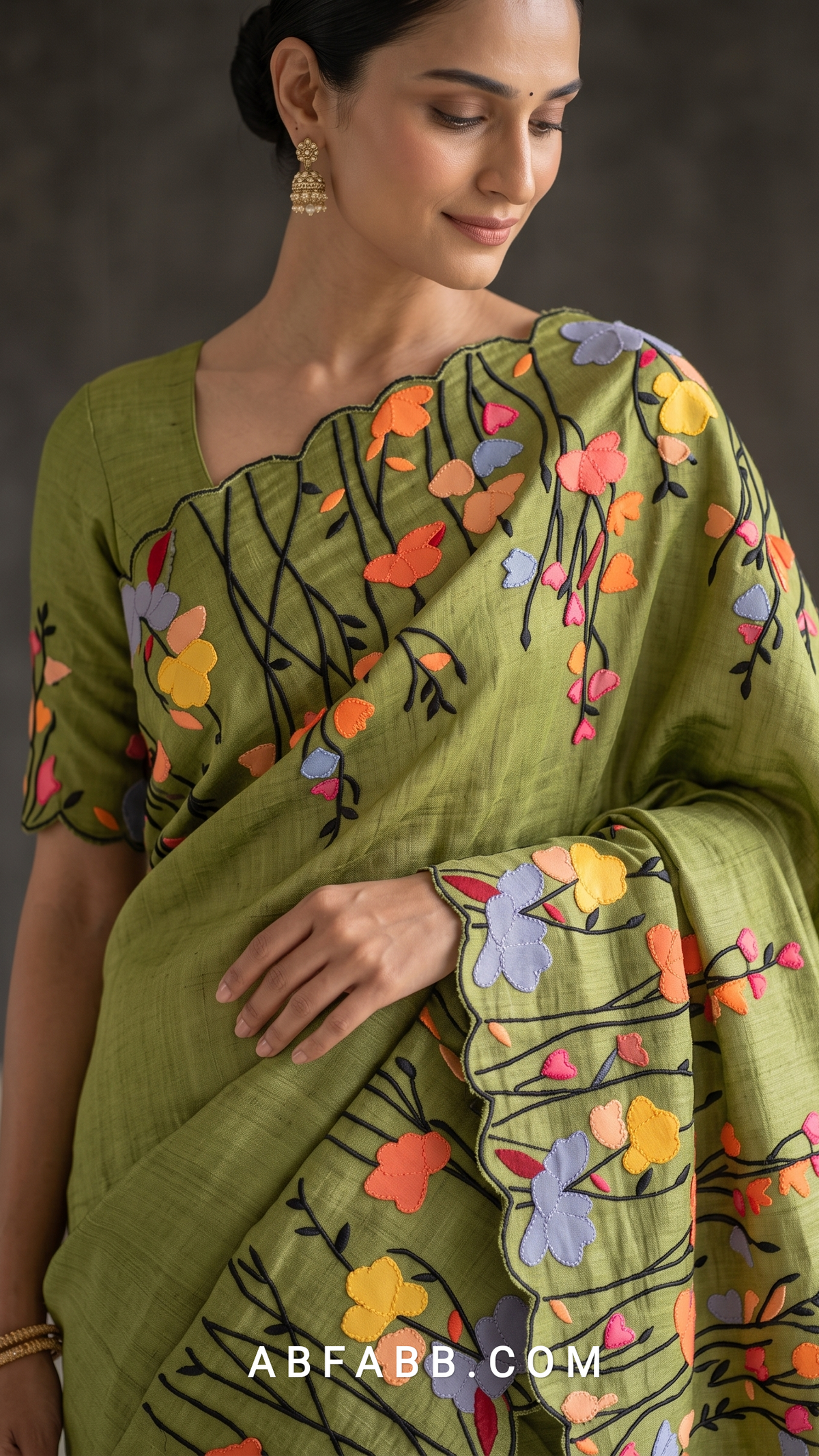 Pure Tussar Silk Saree in Olive Green with Multicolour Floral Applique & Black Thread Embroidery