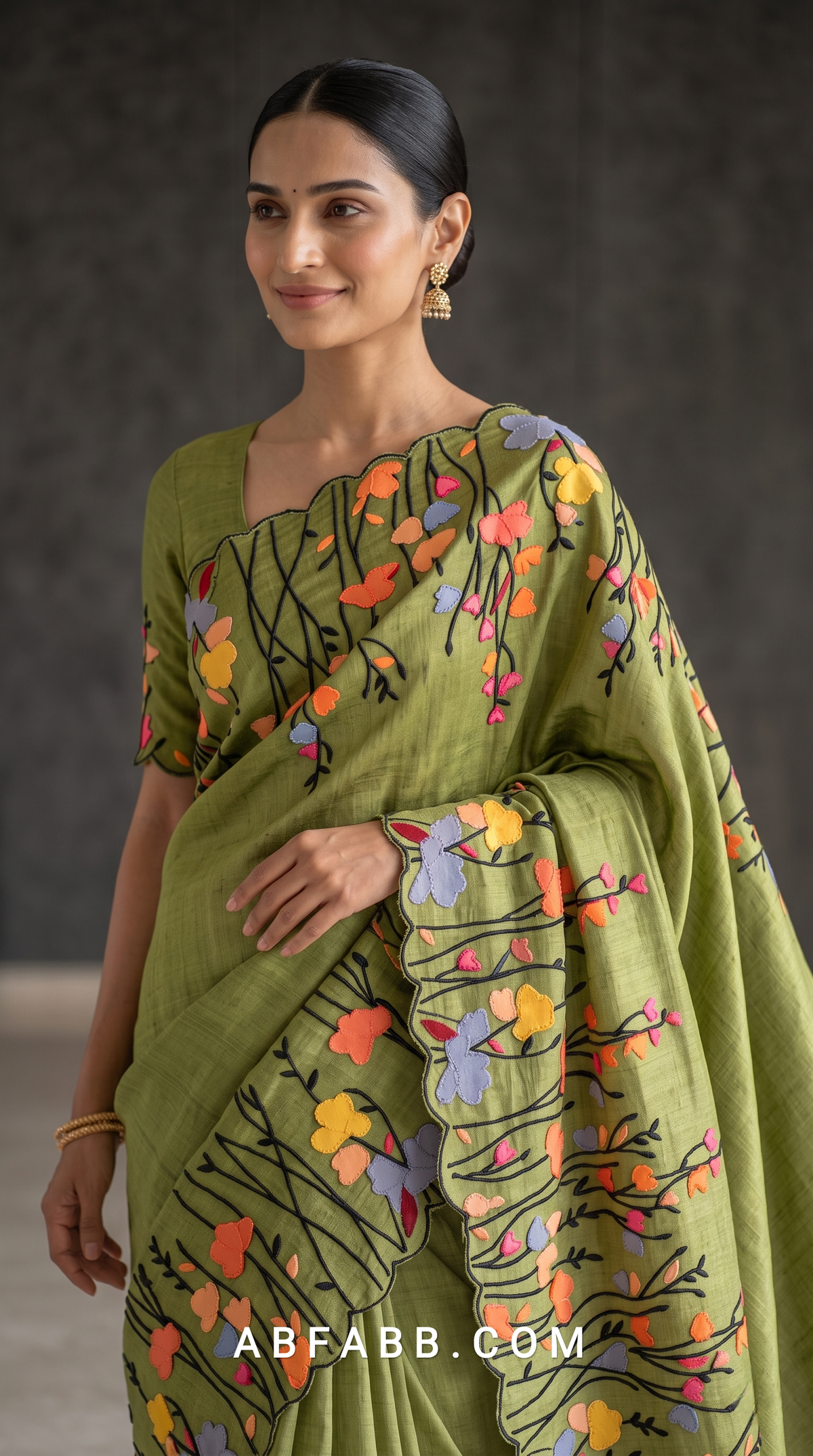 Pure Tussar Silk Saree in Olive Green with Multicolour Floral Applique & Black Thread Embroidery