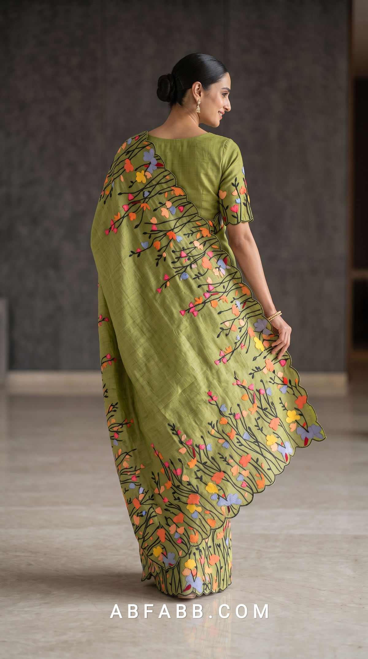 Pure Tussar Silk Saree in Olive Green with Multicolour Floral Applique & Black Thread Embroidery