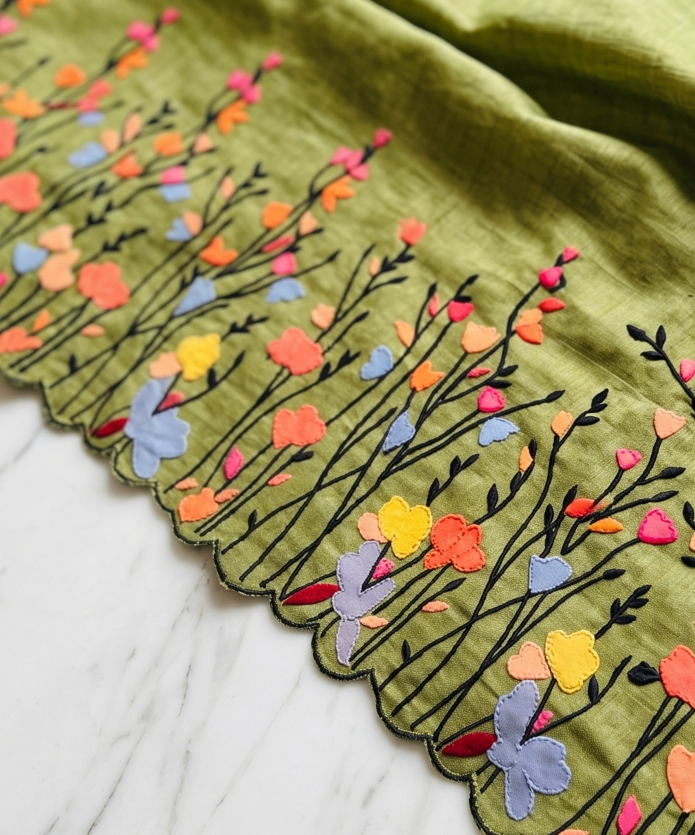Pure Tussar Silk Saree in Olive Green with Multicolour Floral Applique & Black Thread Embroidery