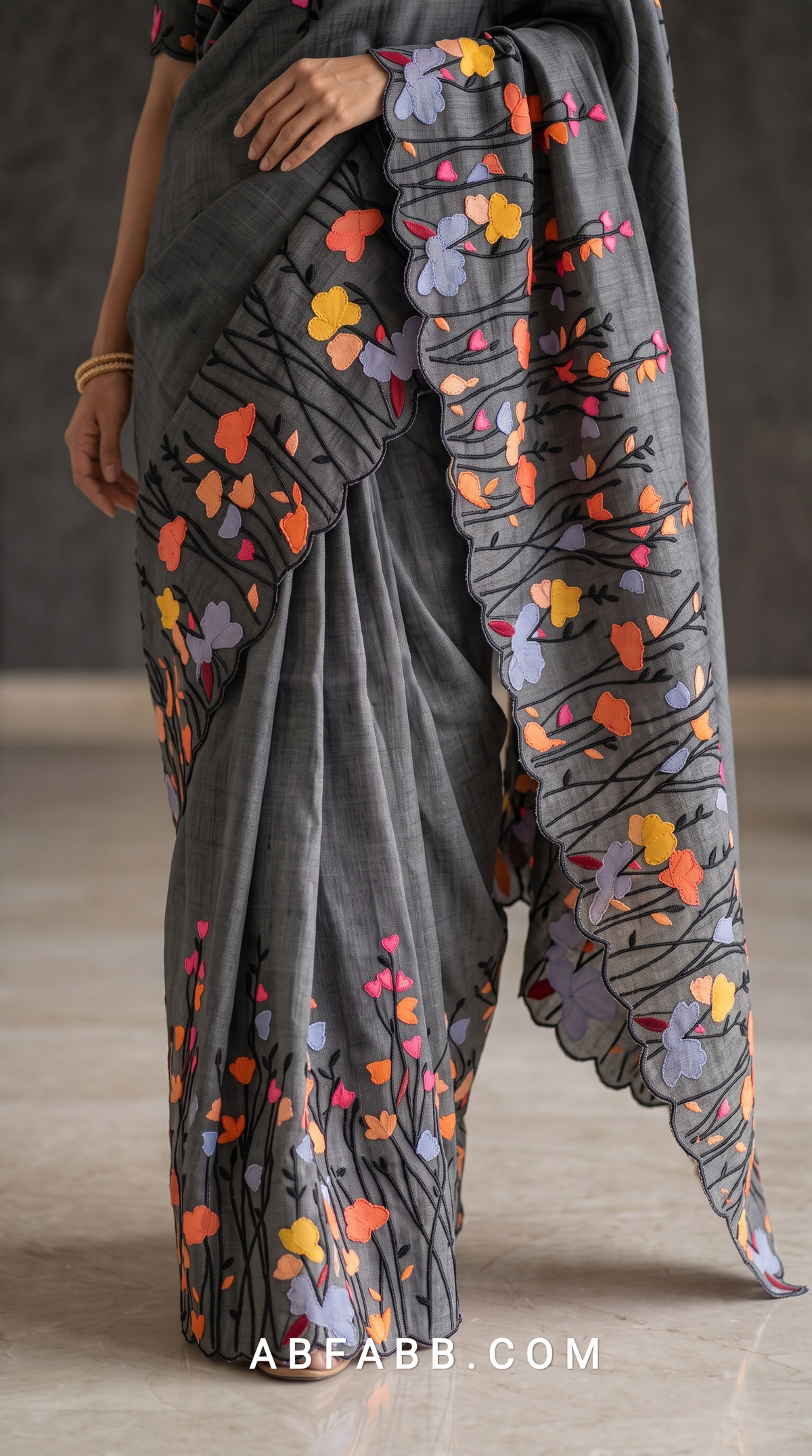 Pure Tussar Silk Saree in Charcoal Grey with Multicolour Floral Applique & Black Thread Embroidery