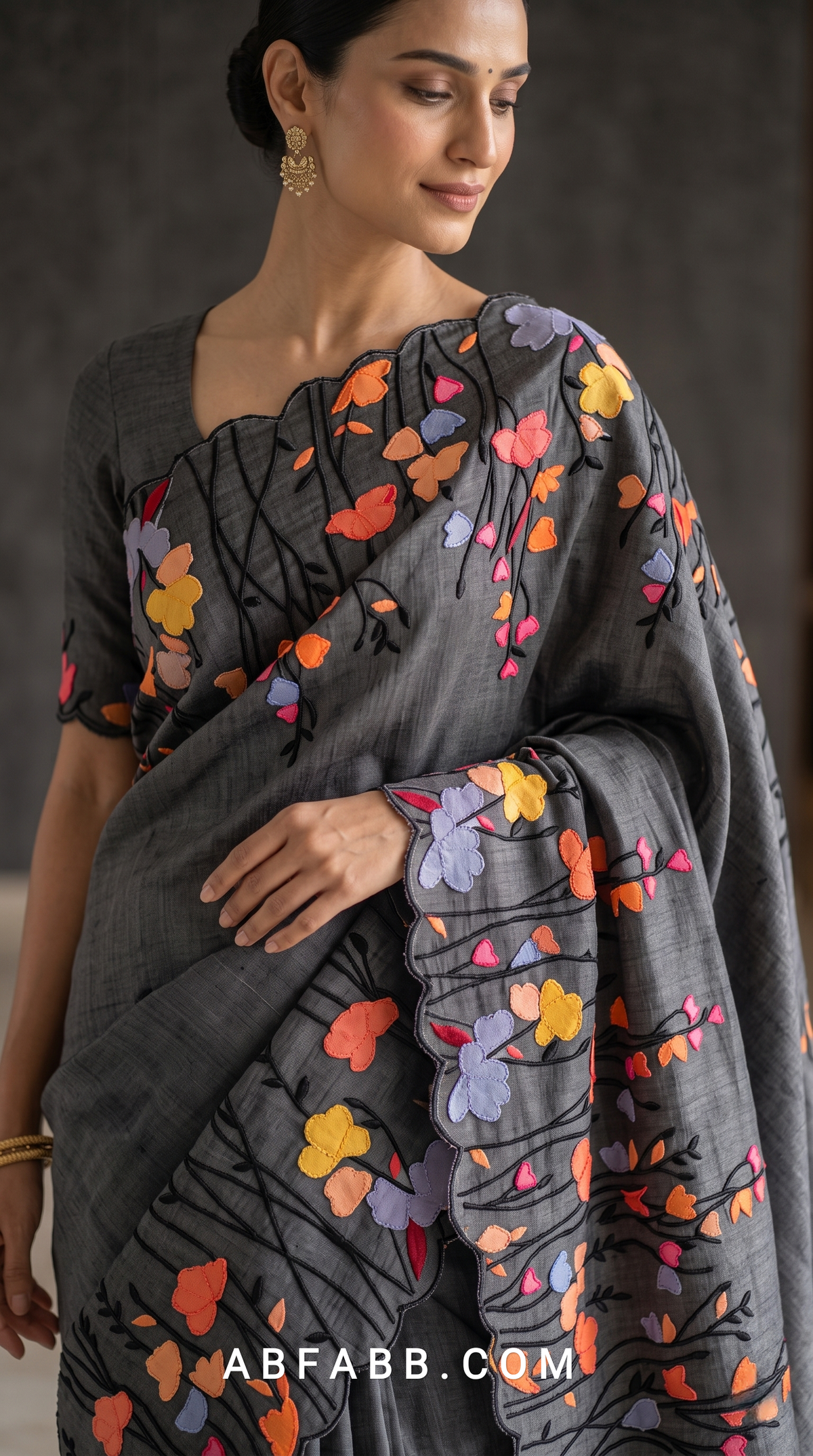 Pure Tussar Silk Saree in Charcoal Grey with Multicolour Floral Applique & Black Thread Embroidery