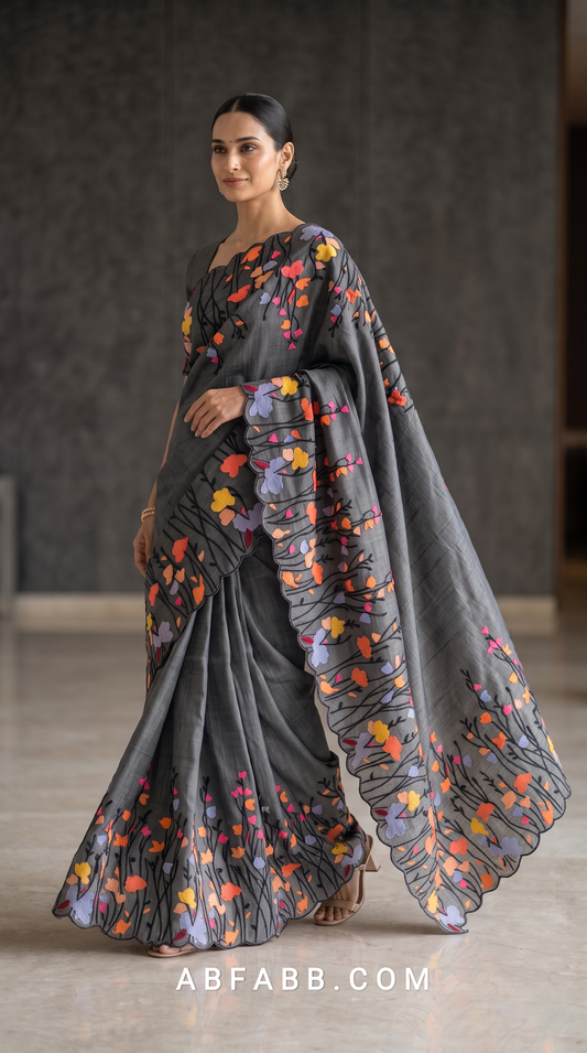 Pure Tussar Silk Saree in Charcoal Grey with Multicolour Floral Applique & Black Thread Embroidery