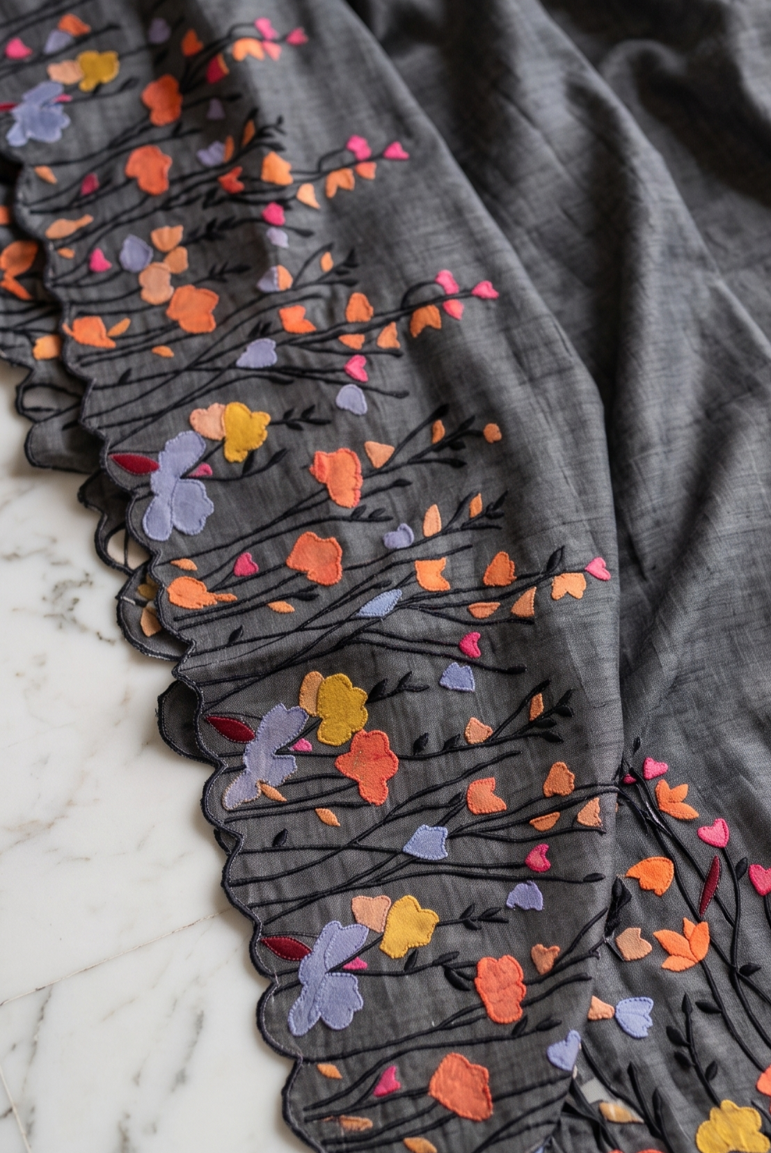 Pure Tussar Silk Saree in Charcoal Grey with Multicolour Floral Applique & Black Thread Embroidery