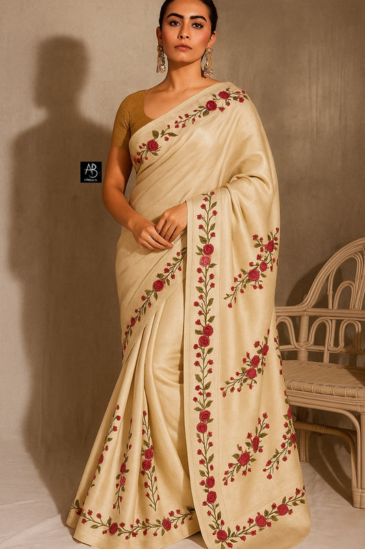 Handloom Pure Tussar Silk Saree with French Knot Embroidery Work Saree PTK06