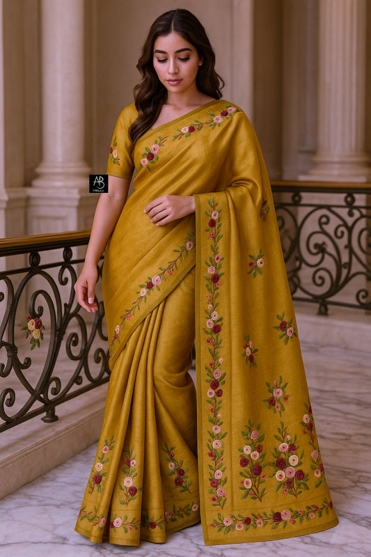 Handloom Pure Tussar Silk Saree with French Knot Embroidery Work Saree PTK07