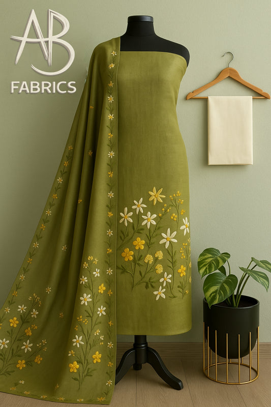 Heavy Embroidered Pure Linen (3 piece) Set Unstitched Dress Material DM66