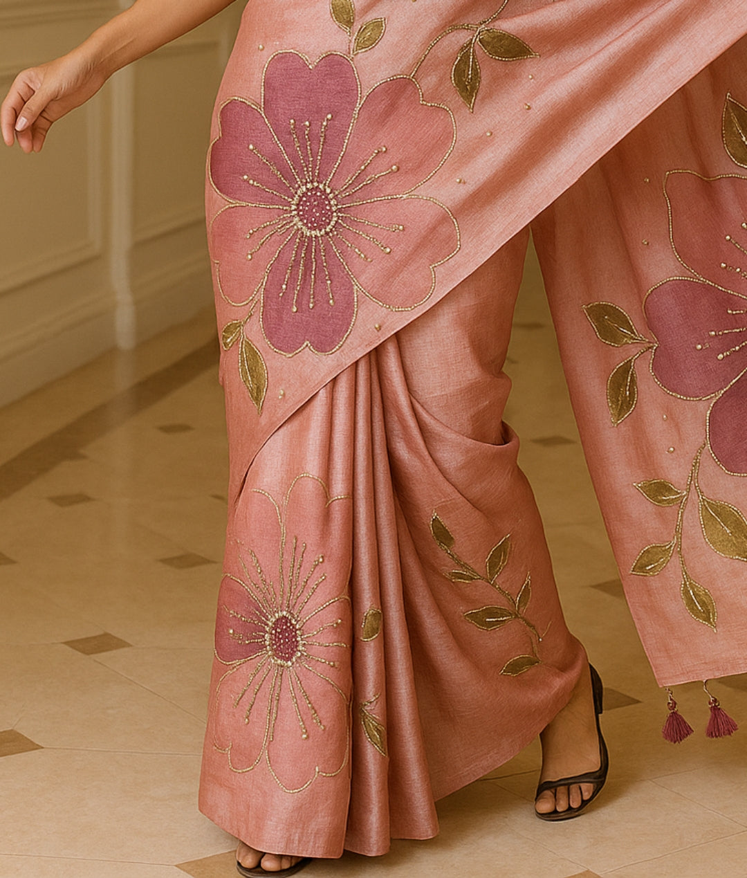Pure Tussar Silk Saree With Beautiful Hand Printed And Handwork Saree HPH03
