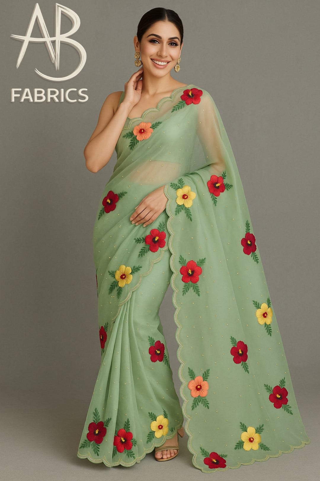 Organza Silk Saree With Beautiful French Knot And Beads Work Saree OFK01