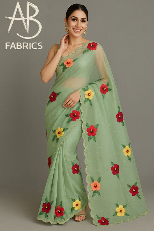 Organza Silk Saree With Beautiful French Knot And Beads Work Saree OFK01