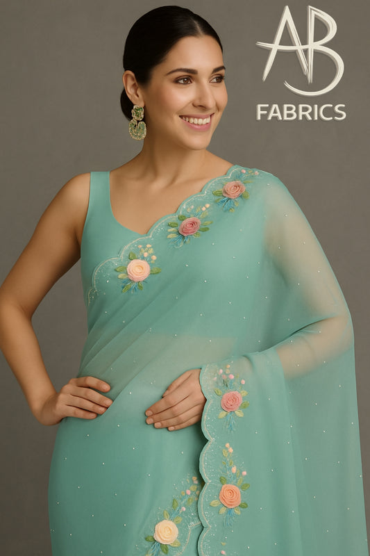 Organza Silk Saree With Beautiful French Knot And Beads Work Saree OFK03