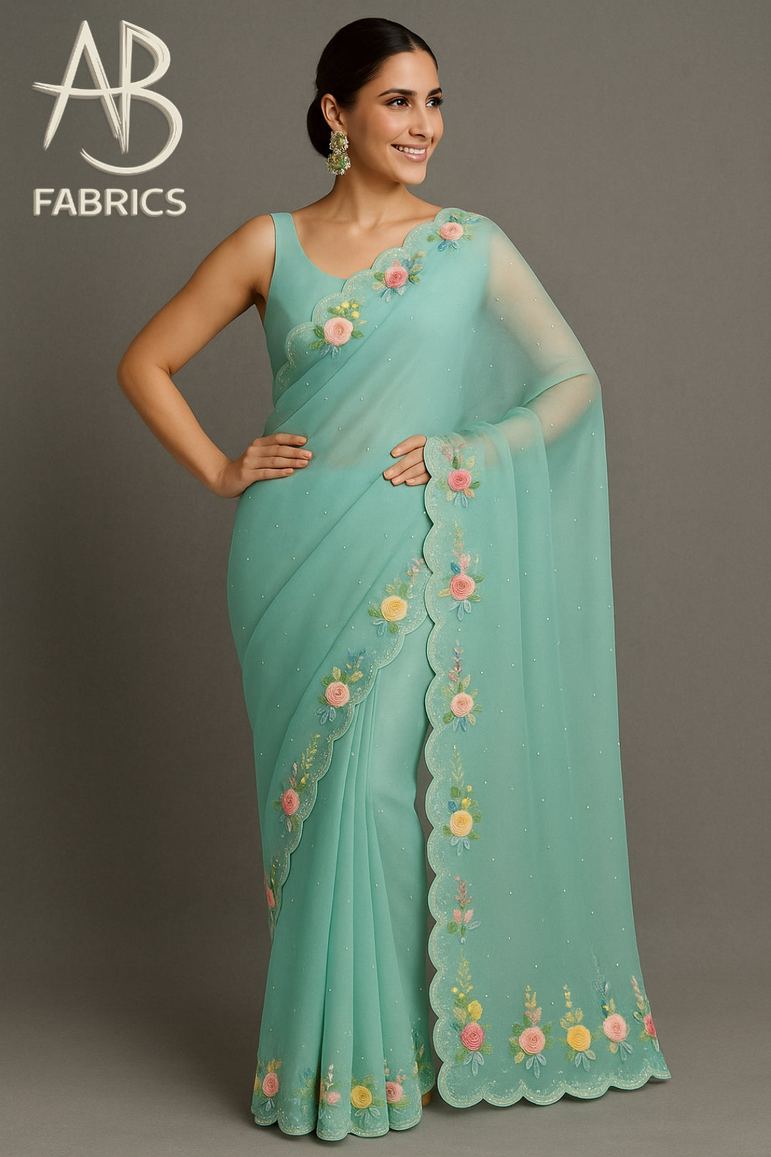 Organza Silk Saree With Beautiful French Knot And Beads Work Saree OFK03