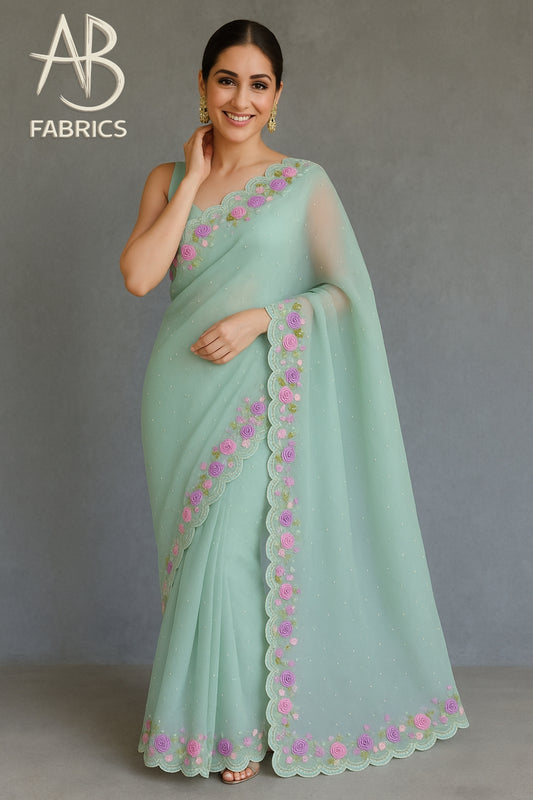 Organza Silk Saree With Beautiful French Knot And Beads Work Saree OFK04