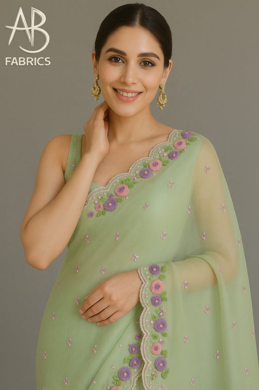 Organza Silk Saree With Beautiful French Knot And Beads Work Saree OFK05