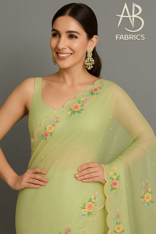 Organza Silk Saree With Beautiful French Knot And Beads Work Saree OFK06