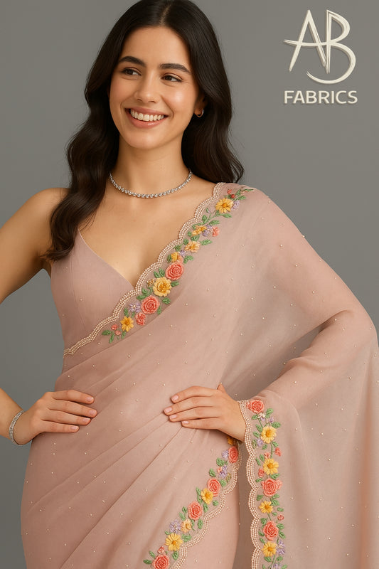 Organza Silk Saree With Beautiful French Knot And Beads Work Saree OFK07